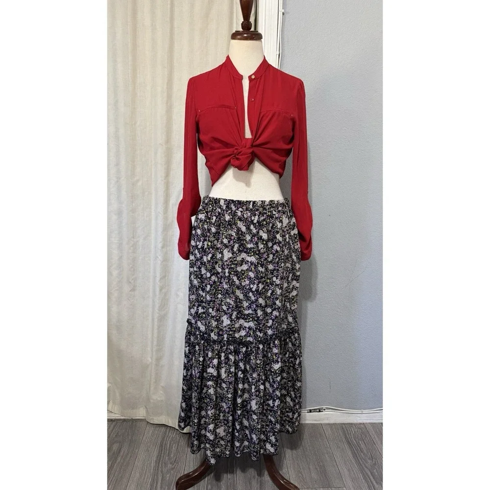 Cottagecore Metrowear Women's Midi Skirt Sz M Floral Lined Tiered Elastic‎ Waist